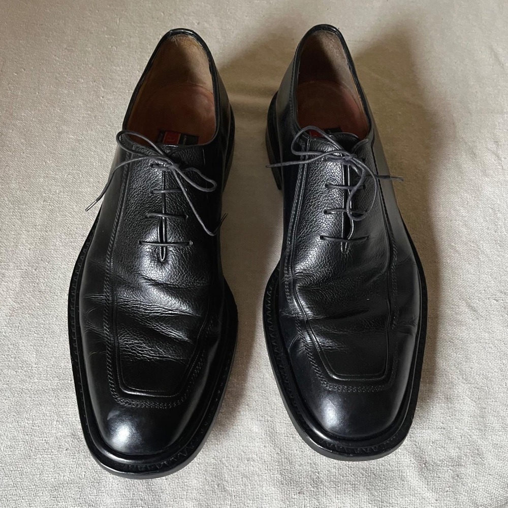 A. Testoni Black Leather Apron Toe Oxford Dress Shoes Sz 10M Italy